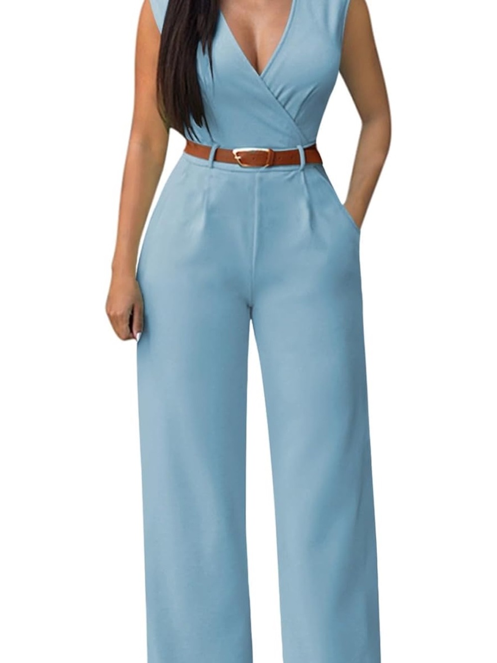 Sleeveless Sky Blue Wide-Leg Jumpsuit with Waist Belt
